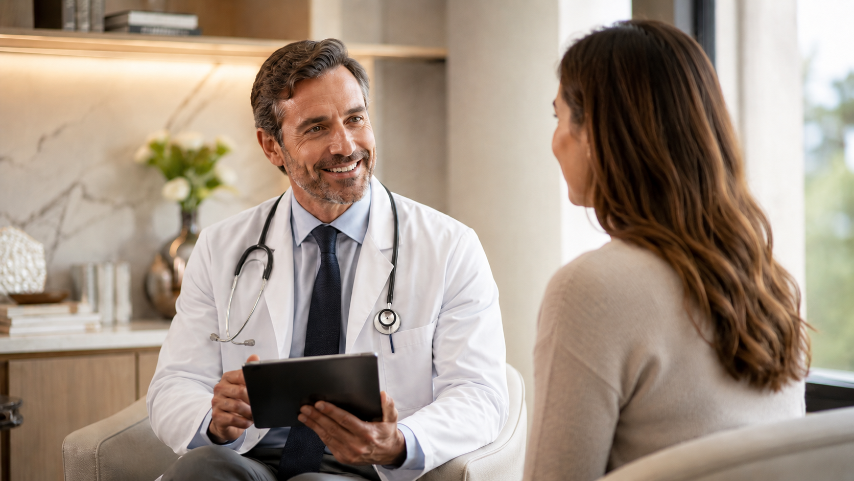 Doctor reviewing lab results with a patient in a calm consultation room