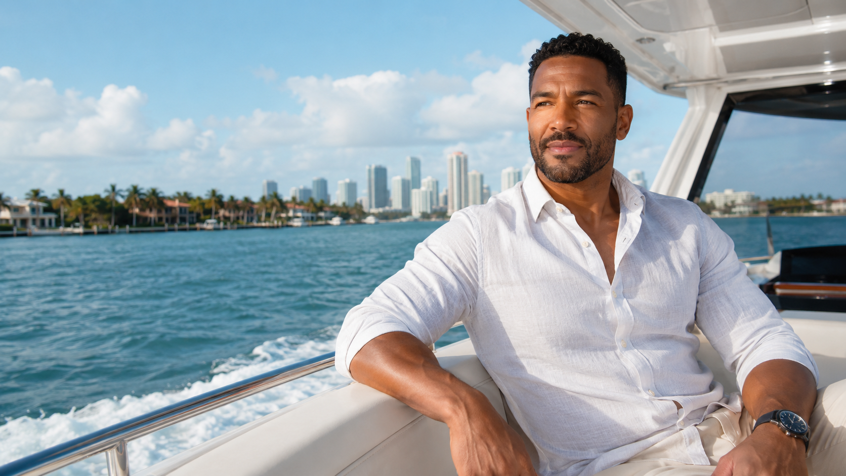 Confident man enjoying Miami lifestyle on a boat after TRT optimization