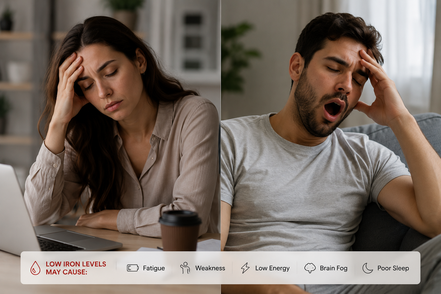 Woman and man showing common symptoms of low iron — fatigue, weakness, low energy, brain fog and poor sleep