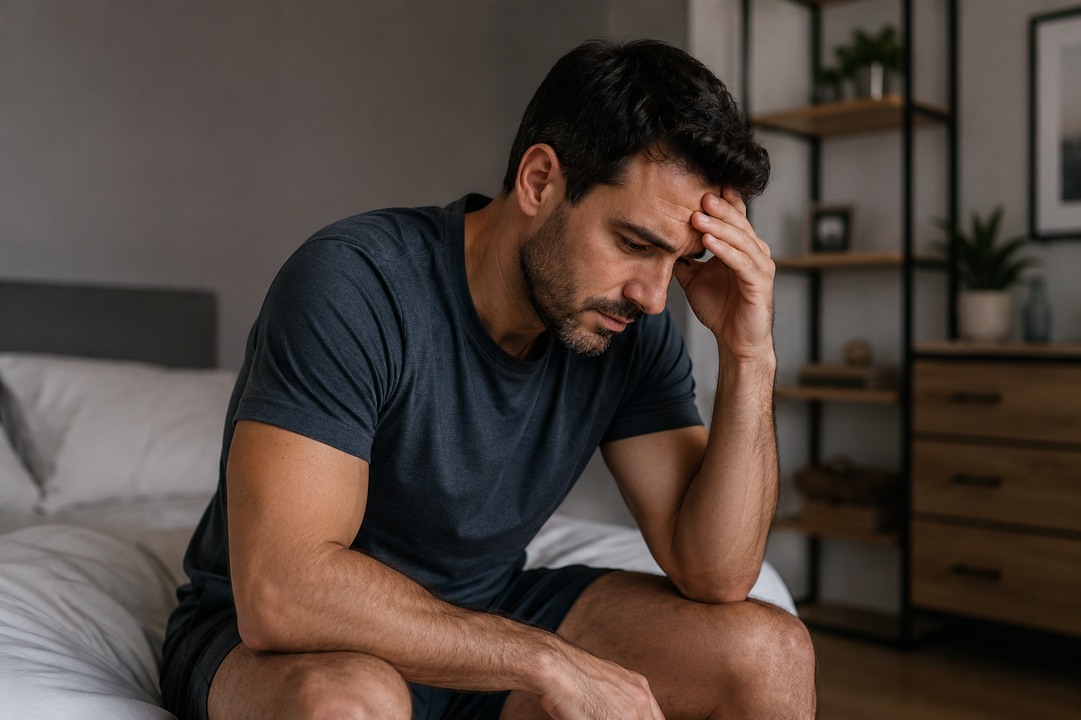 Man sitting on bed showing signs of fatigue and low testosterone