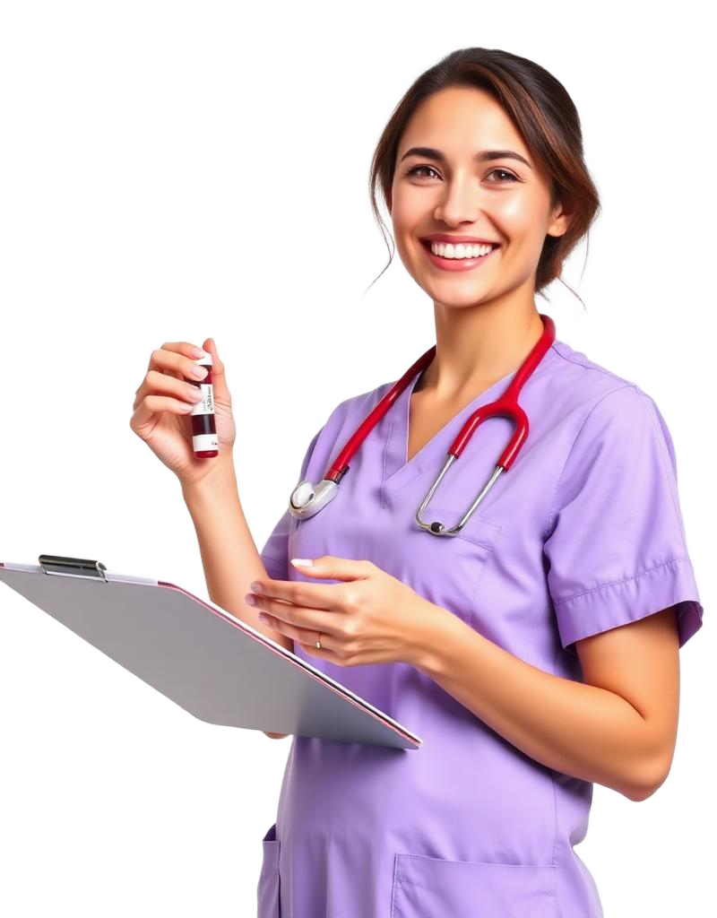 Smiling nurse holding a blood test vial